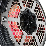 Close-up of a carbon-pattern speaker frame, silver honeycomb grille and red illumination