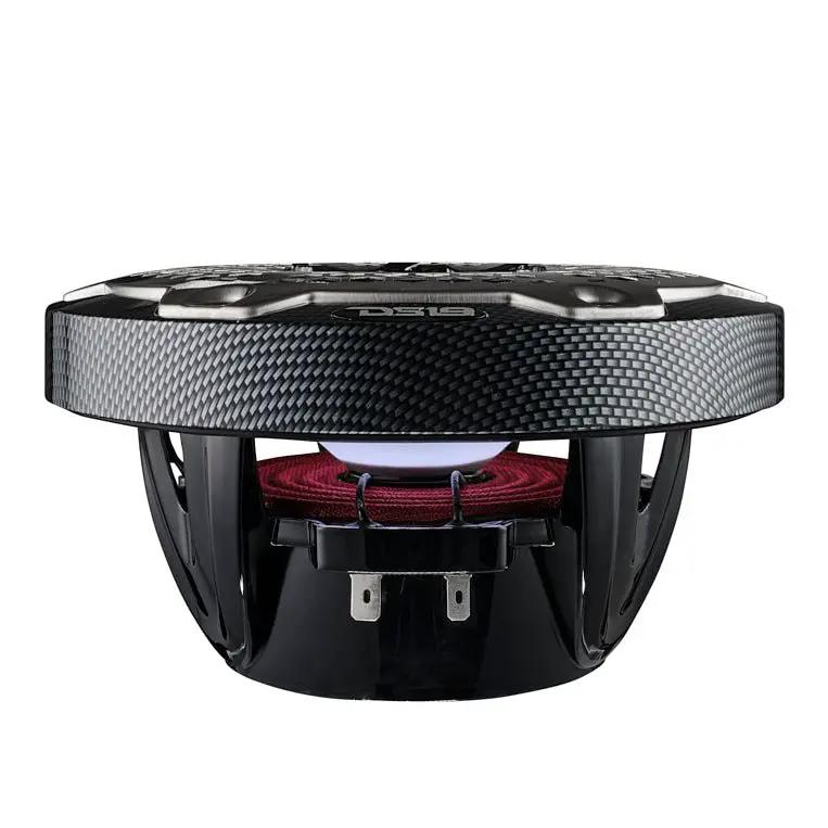 Side profile of a carbon-fiber-patterned speaker showing its open basket, red suspension and terminals