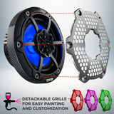Carbon-fiber-pattern DS18 speaker with detachable honeycomb grille illustrated for painting and customization
