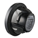 Angled rear view of a DS18 CF-8M speaker showing its model label, black basket and carbon-fiber-patterned rim.