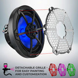 Carbon-pattern DS18 speaker diagram showing the detachable honeycomb grille removed for painting and customization