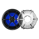 Carbon-pattern DS18 marine speaker illuminated blue beside its detached silver honeycomb grille