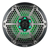Front view of a DS18 speaker with a silver honeycomb grille, carbon-fiber-patterned rim and green lighting.