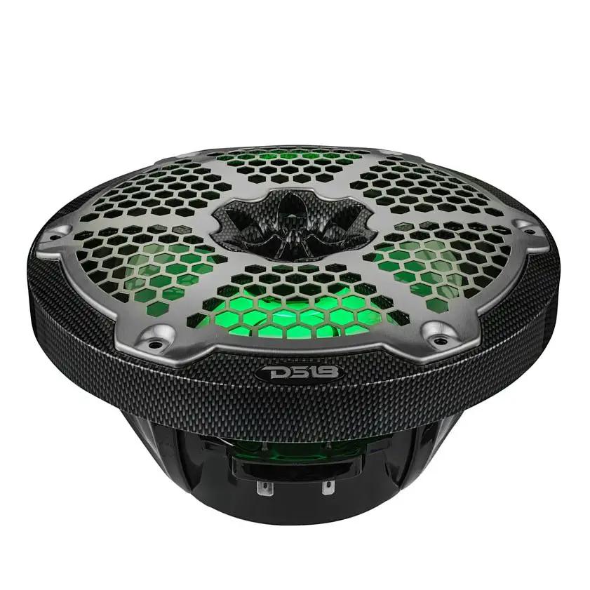 Low angled view of a DS18 speaker with green lighting behind its silver grille, carbon-fiber-patterned rim and black basket.