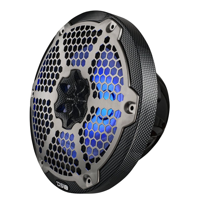 DS18 speaker with a patterned black rim, silver honeycomb grille and blue illumination