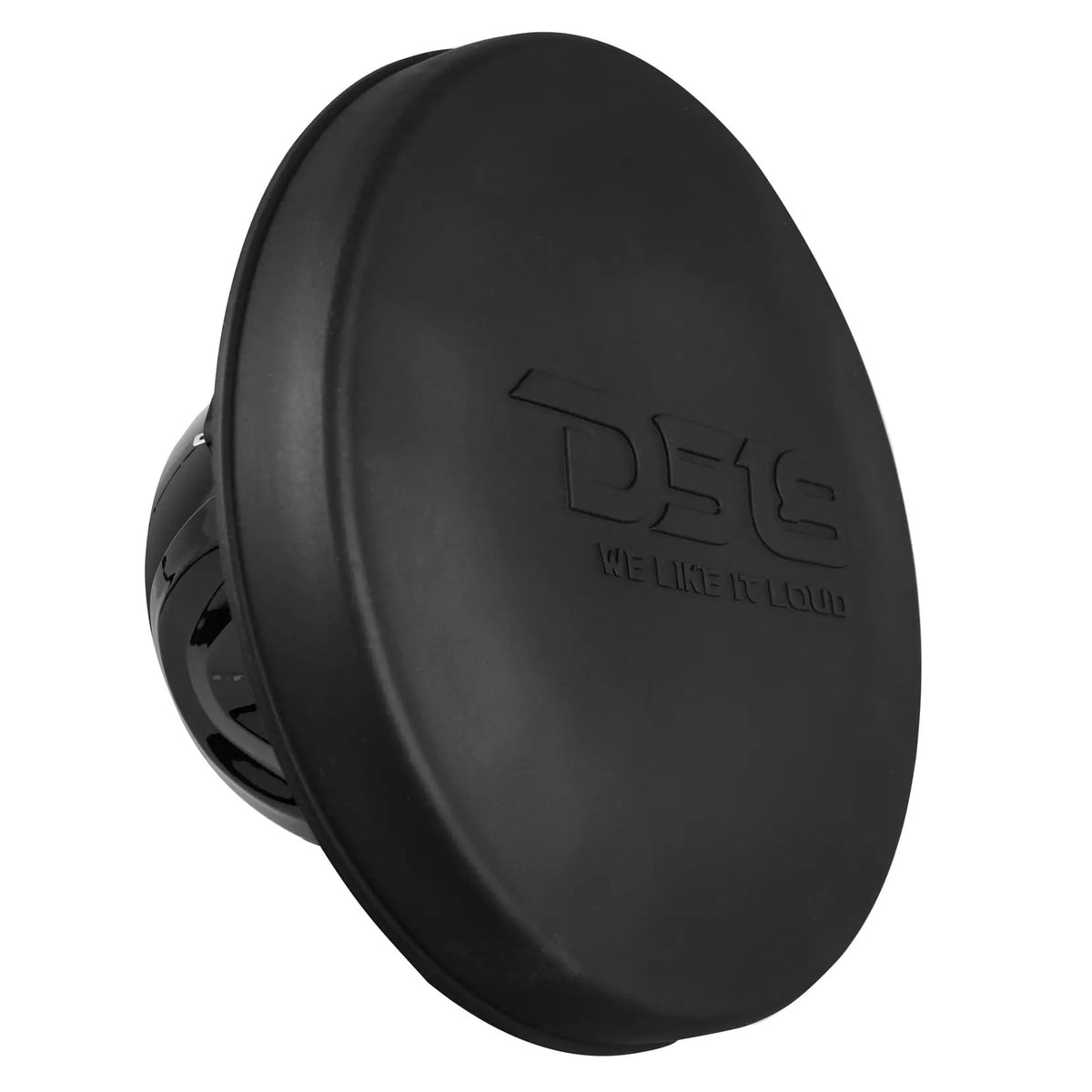 Black DS18 speaker with embossed protective cover fitted, angled view