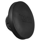 Black DS18 speaker with embossed protective cover fitted, angled view