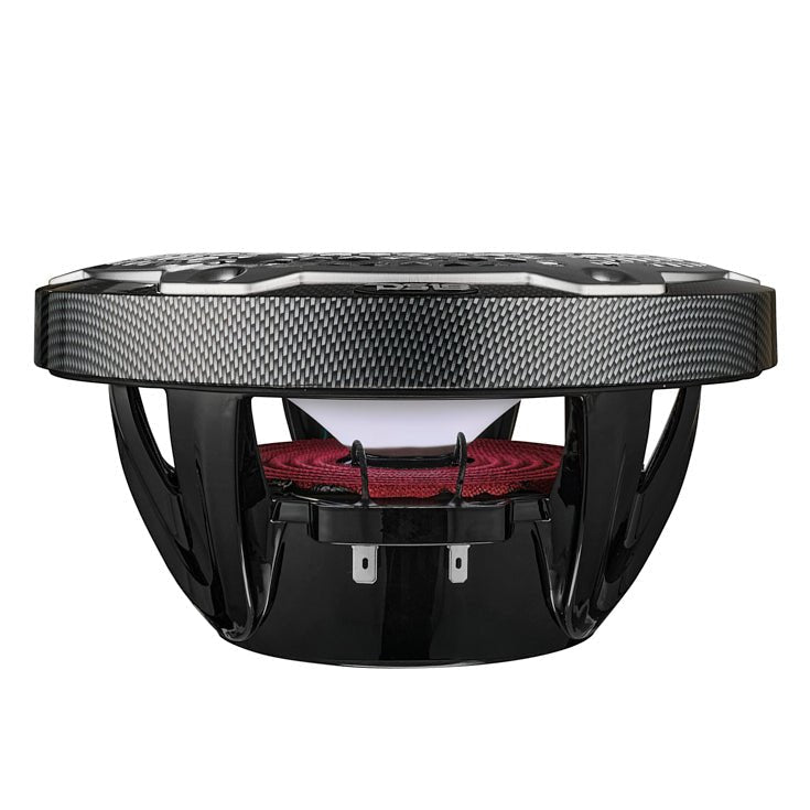 Speaker with a patterned black rim, open basket and red suspension, side view