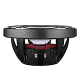 Speaker with a patterned black rim, open basket and red suspension, side view
