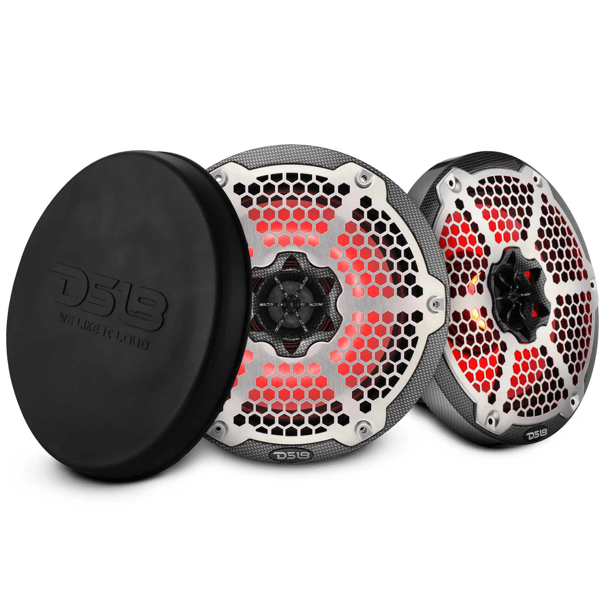 Pair of DS18 speakers with patterned black rims, silver grilles, red illumination and a cover