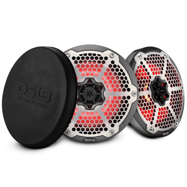 Pair of DS18 speakers with patterned black rims, silver grilles, red illumination and a cover