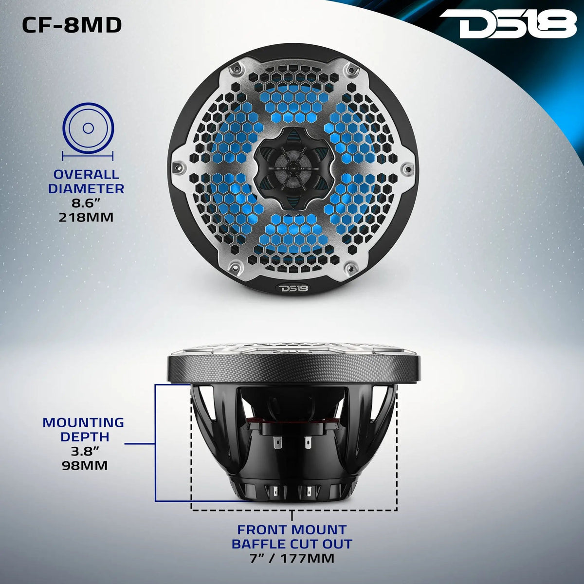 DS18 CF-8MD mounting diagram showing 218 mm overall diameter, 177 mm cutout and 98 mm mounting depth