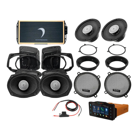 Diamond Audio motorcycle audio kit with four speakers, grilles, amplifier, touchscreen receiver and mounting hardware