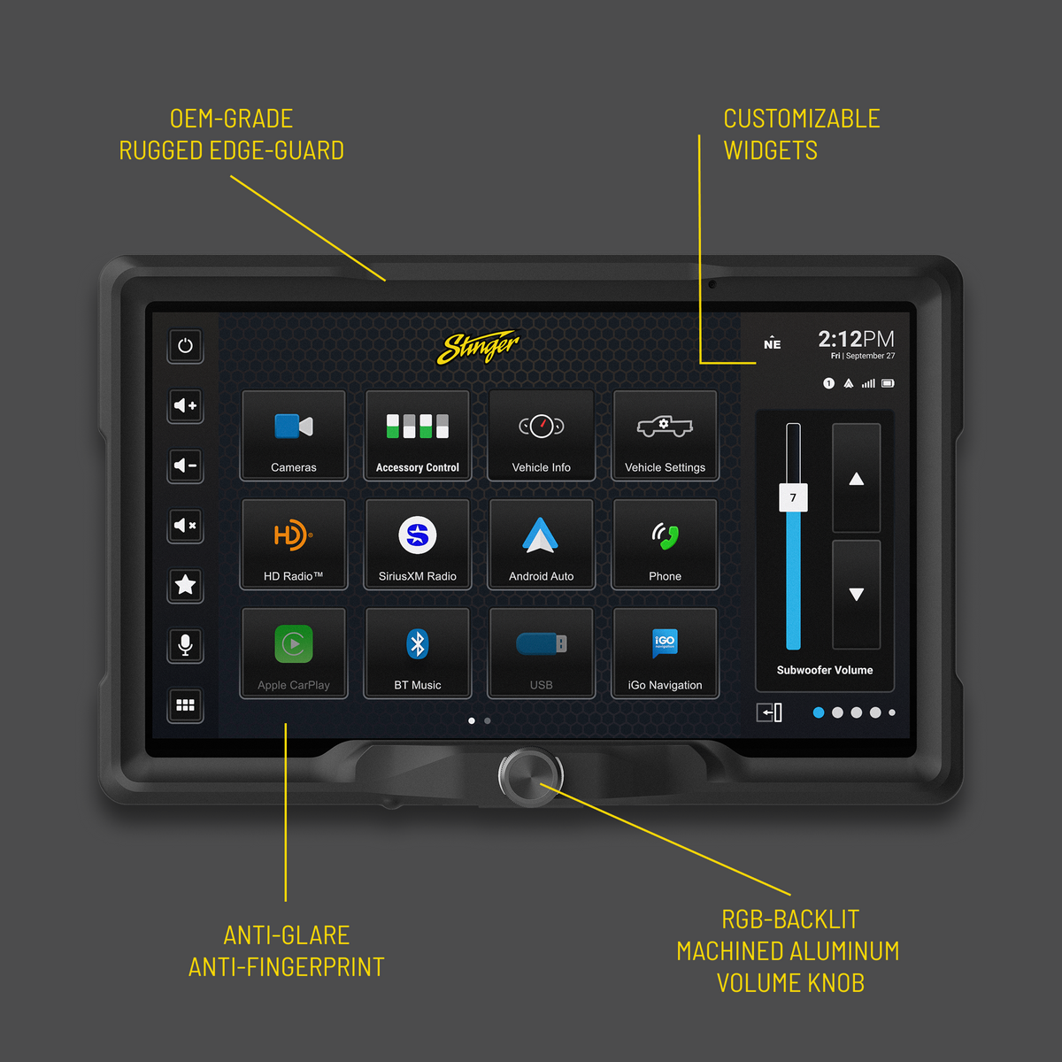 Stinger touchscreen feature graphic highlighting its edge guard, customizable widgets, anti-glare surface and RGB-backlit volume knob