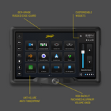 Stinger touchscreen feature graphic highlighting its edge guard, customizable widgets, anti-glare surface and RGB-backlit volume knob