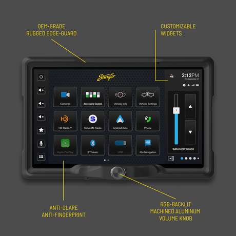 Stinger touchscreen feature graphic highlighting its edge guard, customizable widgets, anti-glare surface and RGB-backlit volume knob