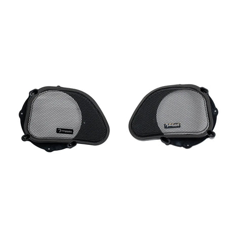 Pair of shaped speaker grilles with black frames and silver mesh