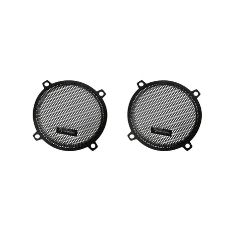 Pair of round speaker grilles with black mesh and mounting tabs