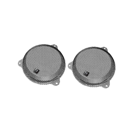 Pair of round black mesh speaker grilles with mounting tabs