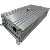 A silver Elite Audio EA3000M 1,500 Watt Monoblock Amplifier by Elite Audio is displayed on a white background. This 1-ohm stable subwoofer amplifier features a vented casing, input/output ports, control knobs, indicator lights, and a robust MOSFET power supply for reliable performance.