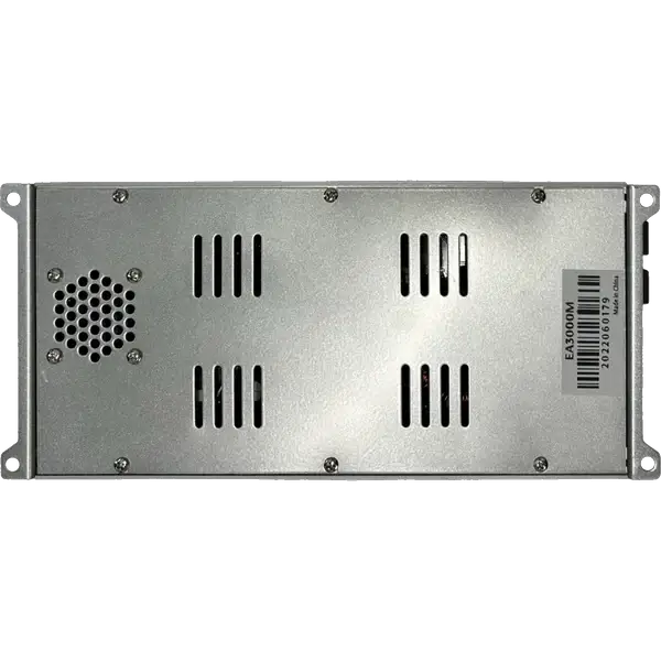 The Elite Audio EA3000M 1,500 Watt Monoblock Amplifier by Elite Audio is a rectangular metal electronic device featuring ventilation slots, a small grated fan on the left, and a barcode label on the right side. This unit is designed as a 1-ohm stable monoblock amplifier with a robust MOSFET power supply for reliable subwoofer performance.