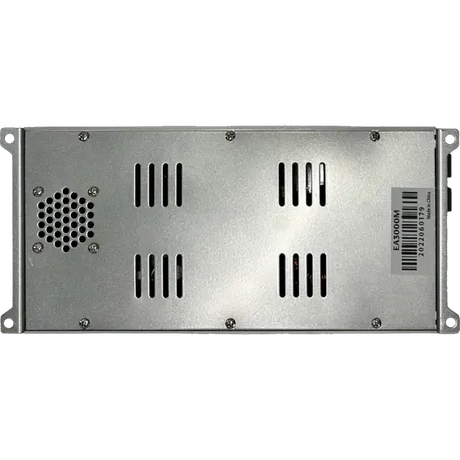 The Elite Audio EA3000M 1,500 Watt Monoblock Amplifier by Elite Audio is a rectangular metal electronic device featuring ventilation slots, a small grated fan on the left, and a barcode label on the right side. This unit is designed as a 1-ohm stable monoblock amplifier with a robust MOSFET power supply for reliable subwoofer performance.