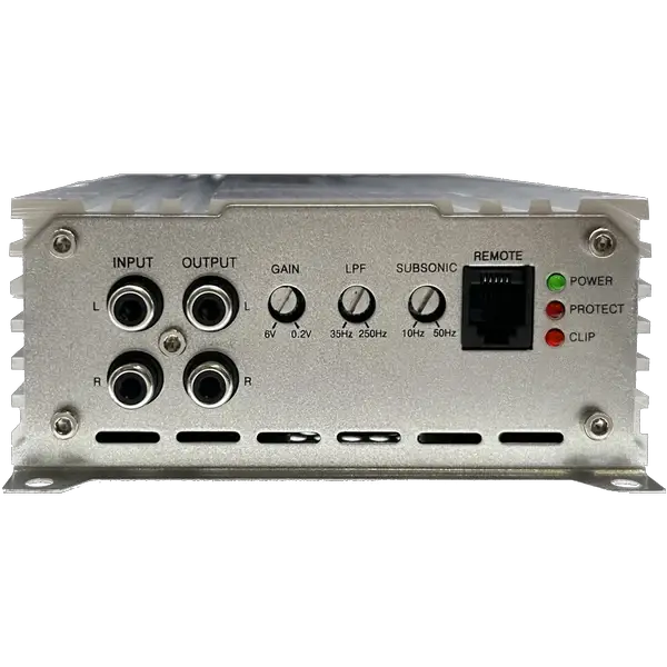 The Elite Audio EA3000M 1,500 Watt Monoblock Amplifier by Elite Audio features a silver finish, MOSFET power supply, and RCA input/output ports. This 1-ohm stable subwoofer amplifier is equipped with gain, LPF, and subsonic controls, as well as a remote connection port. LED indicators for Power, Protect, and Clip are conveniently located on the right side.
