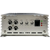 The Elite Audio EA3000M 1,500 Watt Monoblock Amplifier by Elite Audio features a silver finish, MOSFET power supply, and RCA input/output ports. This 1-ohm stable subwoofer amplifier is equipped with gain, LPF, and subsonic controls, as well as a remote connection port. LED indicators for Power, Protect, and Clip are conveniently located on the right side.