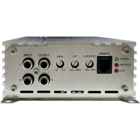 The Elite Audio EA3000M 1,500 Watt Monoblock Amplifier by Elite Audio features a silver finish, MOSFET power supply, and RCA input/output ports. This 1-ohm stable subwoofer amplifier is equipped with gain, LPF, and subsonic controls, as well as a remote connection port. LED indicators for Power, Protect, and Clip are conveniently located on the right side.