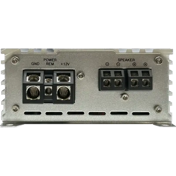 The image shows the rear panel of the Elite Audio EA3000M 1,500 Watt Monoblock Amplifier, featuring clearly labeled terminals for power (GND, REM, +12V) and speaker connections within a durable metallic casing. This 1-ohm stable amplifier from Elite Audio utilizes a dependable MOSFET power supply to deliver enhanced performance and long-lasting durability.