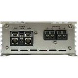 The image shows the rear panel of the Elite Audio EA3000M 1,500 Watt Monoblock Amplifier, featuring clearly labeled terminals for power (GND, REM, +12V) and speaker connections within a durable metallic casing. This 1-ohm stable amplifier from Elite Audio utilizes a dependable MOSFET power supply to deliver enhanced performance and long-lasting durability.