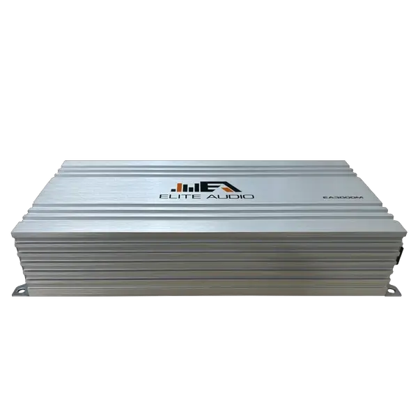 Elite Audio EA3000M 1,500 Watt Monoblock Amplifier with a ribbed metal casing, shown on a plain white background. The Elite Audio logo and model number are visible on the top of the device, highlighting its MOSFET power supply for reliable performance.
