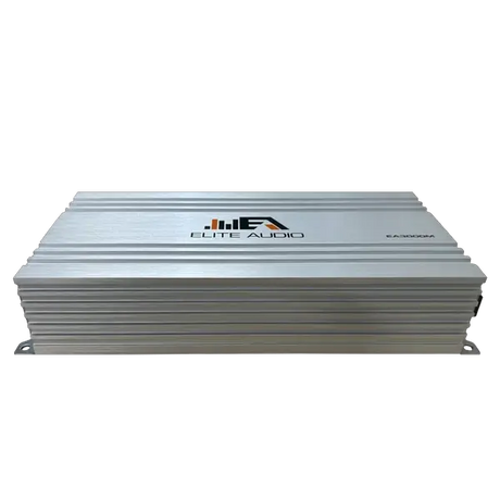 Elite Audio EA3000M 1,500 Watt Monoblock Amplifier with a ribbed metal casing, shown on a plain white background. The Elite Audio logo and model number are visible on the top of the device, highlighting its MOSFET power supply for reliable performance.