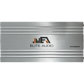The Elite Audio EA3000M 1,500 Watt Monoblock Amplifier by Elite Audio is finished in silver with horizontal grooves and features a black, orange, and gray logo centered on the front against a plain white background. This high-performance subwoofer amplifier includes a MOSFET power supply and is engineered as a 1-ohm stable monoblock unit for delivering powerful, reliable bass.