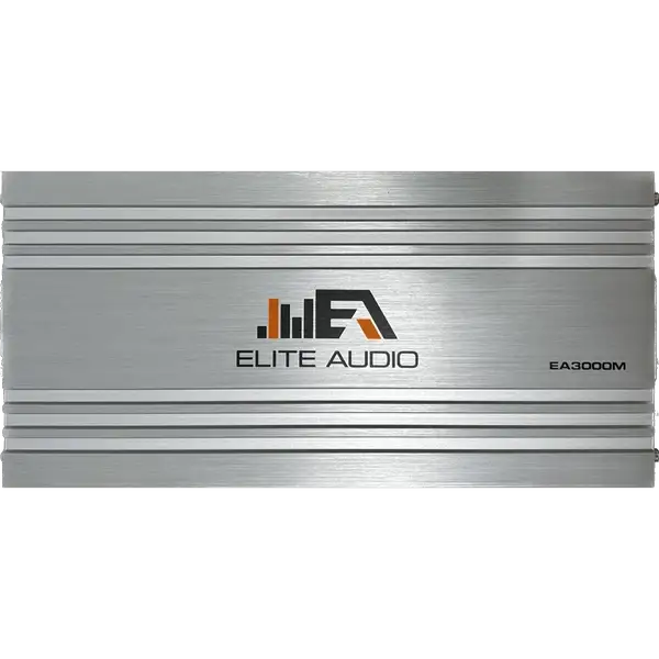 The Elite Audio EA3000M 1,500 Watt Monoblock Amplifier by Elite Audio is finished in silver with horizontal grooves and features a black, orange, and gray logo centered on the front against a plain white background. This high-performance subwoofer amplifier includes a MOSFET power supply and is engineered as a 1-ohm stable monoblock unit for delivering powerful, reliable bass.