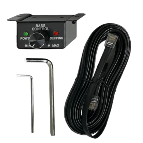 Experience precise sound customization with the Elite Audio EA4000M Bass Control Knob Module, featuring power and clipping indicator lights for seamless integration with your Elite Audio EA4000M 2,000 Watt Monoblock Amplifier. The kit includes two Allen wrenches and a coiled black cable with phone-style connectors, all presented on a plain white backgroundâ€”ideal for fine-tuning competition-grade audio systems equipped with advanced MOSFET power supplies from Elite Audio.