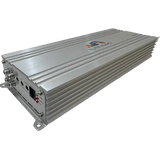 The Elite Audio EA4000M is a silver, rectangular monoblock car amplifier with ribbed sides and the Elite Audio logo displayed prominently on top. Designed for competition-level performance, it features advanced high-speed MOSFET circuitry to ensure powerful and clear audio output. The front panel includes various input and output ports, control switches, and LED indicators. The amplifier is shown photographed against a white background.