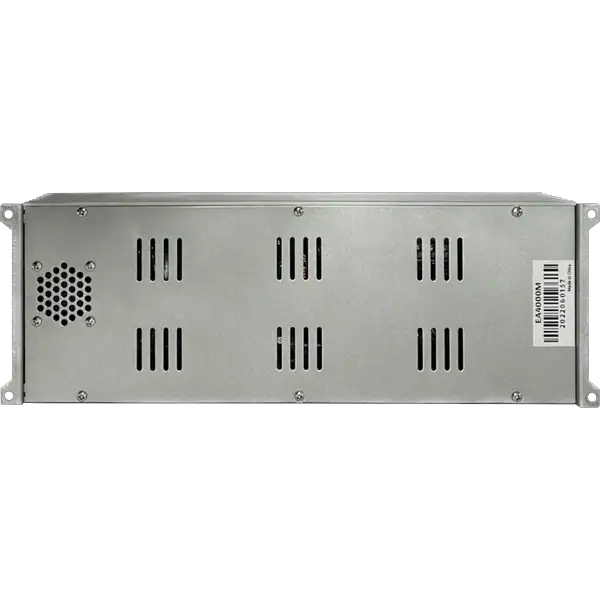 The Elite Audio EA4000M 2,000 Watt Monoblock Amplifier by Elite Audio is a metal electronic device featuring multiple ventilation slots, a small fan on the left, and a barcode label on the right side. This rectangular amplifier is designed for rack system mounting and delivers competition-grade power with reliable MOSFET power supplies for superior performance.