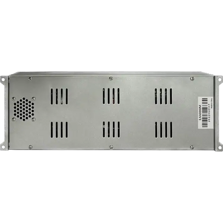 The Elite Audio EA4000M 2,000 Watt Monoblock Amplifier by Elite Audio is a metal electronic device featuring multiple ventilation slots, a small fan on the left, and a barcode label on the right side. This rectangular amplifier is designed for rack system mounting and delivers competition-grade power with reliable MOSFET power supplies for superior performance.