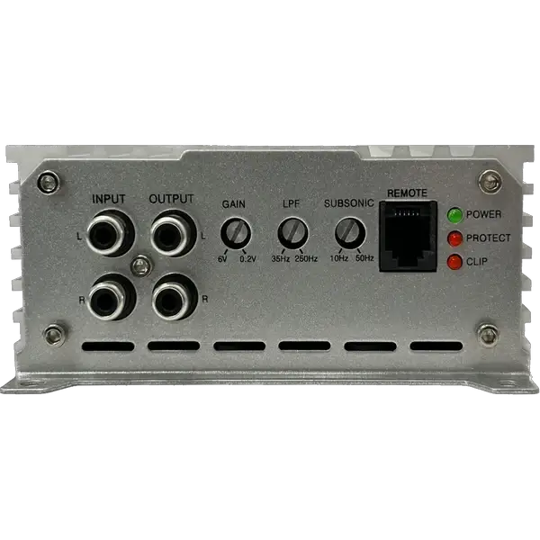 The back panel of the Elite Audio EA4000M 2,000 Watt Monoblock Amplifier features a silver finish with dedicated input/output ports, gain and filter adjustment dials, a remote port, and three indicator lights labeled Power (green), Protect (red), and Clip (red). This competition-grade monoblock amplifier from Elite Audio is engineered with high-speed MOSFET technology to deliver exceptional efficiency and performance.