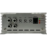 The back panel of the Elite Audio EA4000M 2,000 Watt Monoblock Amplifier features a silver finish with dedicated input/output ports, gain and filter adjustment dials, a remote port, and three indicator lights labeled Power (green), Protect (red), and Clip (red). This competition-grade monoblock amplifier from Elite Audio is engineered with high-speed MOSFET technology to deliver exceptional efficiency and performance.