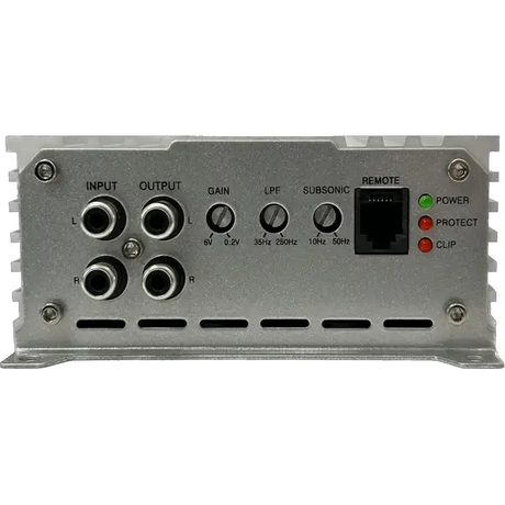 The back panel of the Elite Audio EA4000M 2,000 Watt Monoblock Amplifier features a silver finish with dedicated input/output ports, gain and filter adjustment dials, a remote port, and three indicator lights labeled Power (green), Protect (red), and Clip (red). This competition-grade monoblock amplifier from Elite Audio is engineered with high-speed MOSFET technology to deliver exceptional efficiency and performance.