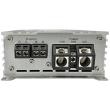 Close-up of the back panel of the Elite Audio EA4000M 2,000 Watt Monoblock Amplifier, showcasing terminals labeled SPEAKER, +12V, POWER REM, and GND for connecting speaker wires and power cables. This Elite Audio amplifier features competition-grade power and advanced MOSFET power supplies for reliable performance and high-quality sound output.