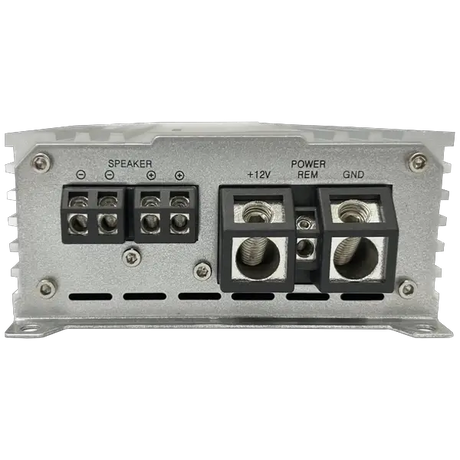Close-up of the back panel of the Elite Audio EA4000M 2,000 Watt Monoblock Amplifier, showcasing terminals labeled SPEAKER, +12V, POWER REM, and GND for connecting speaker wires and power cables. This Elite Audio amplifier features competition-grade power and advanced MOSFET power supplies for reliable performance and high-quality sound output.