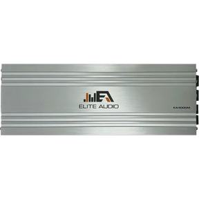 A silver Elite Audio EA4000M 2,000 Watt Monoblock Amplifier featuring horizontal lines, the Elite Audio logo, and model number displayed on the front panel, equipped with high-speed MOSFET technology for competition-grade power.
