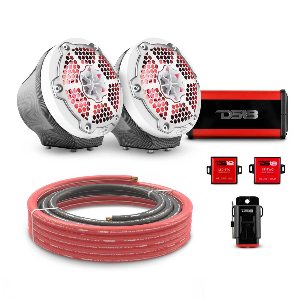 DS18 6.5" Loaded Flat Mount Speaker Pods with Amplifier, Installation Kit and RGB LED Lights, Package for Can-Am Spyder &