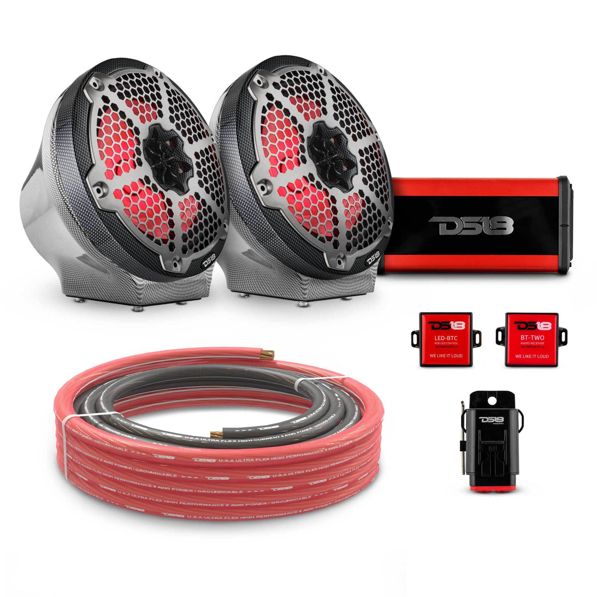 DS18 8" Loaded Flat Mount Speaker Pods with Amplifier, Installation Kit and RGB LED Lights, Package for Can-Am Spyder &