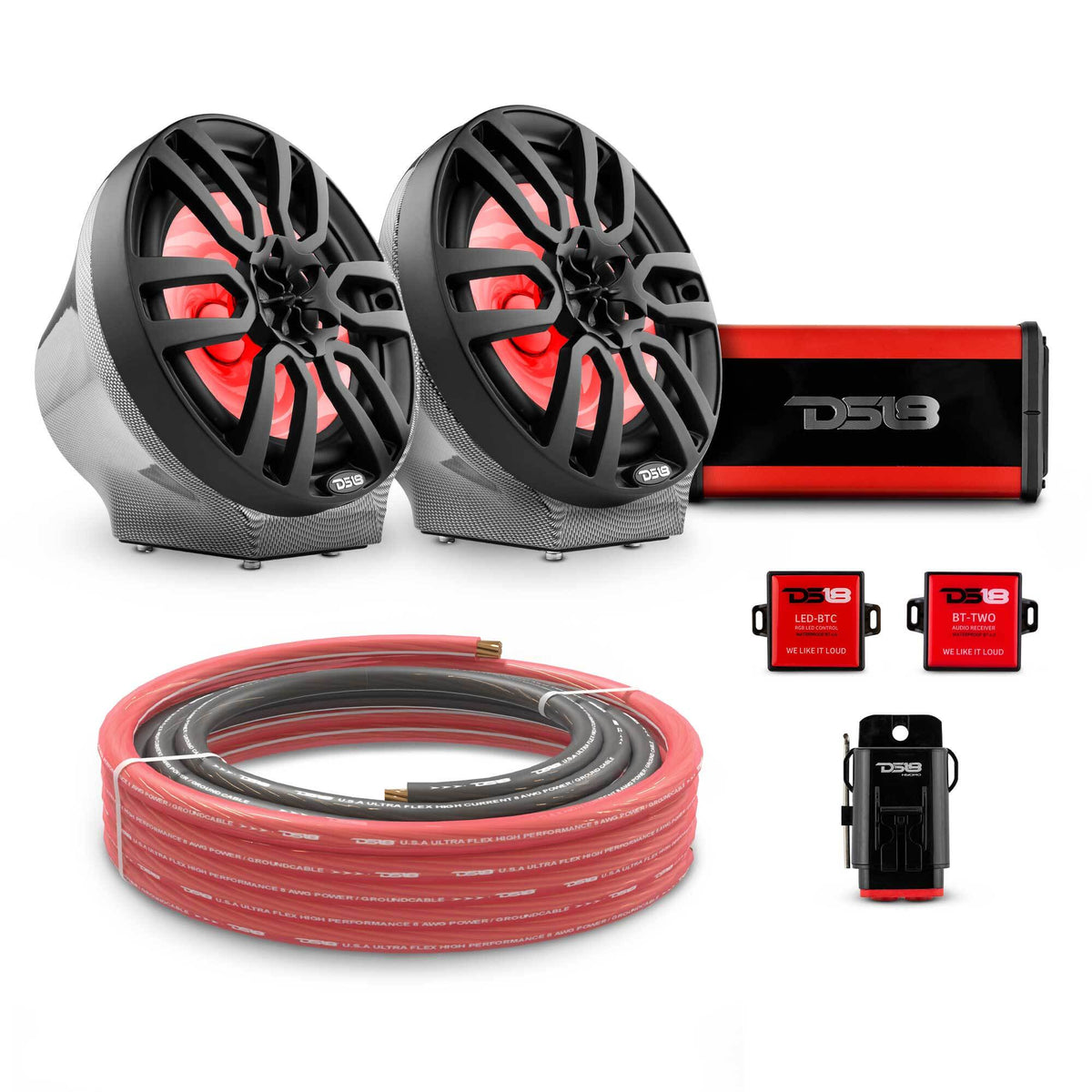 DS18 8" Loaded Flat Mount Speaker Pods with Amplifier, Installation Kit and RGB LED Lights, Package for Can-Am Spyder &