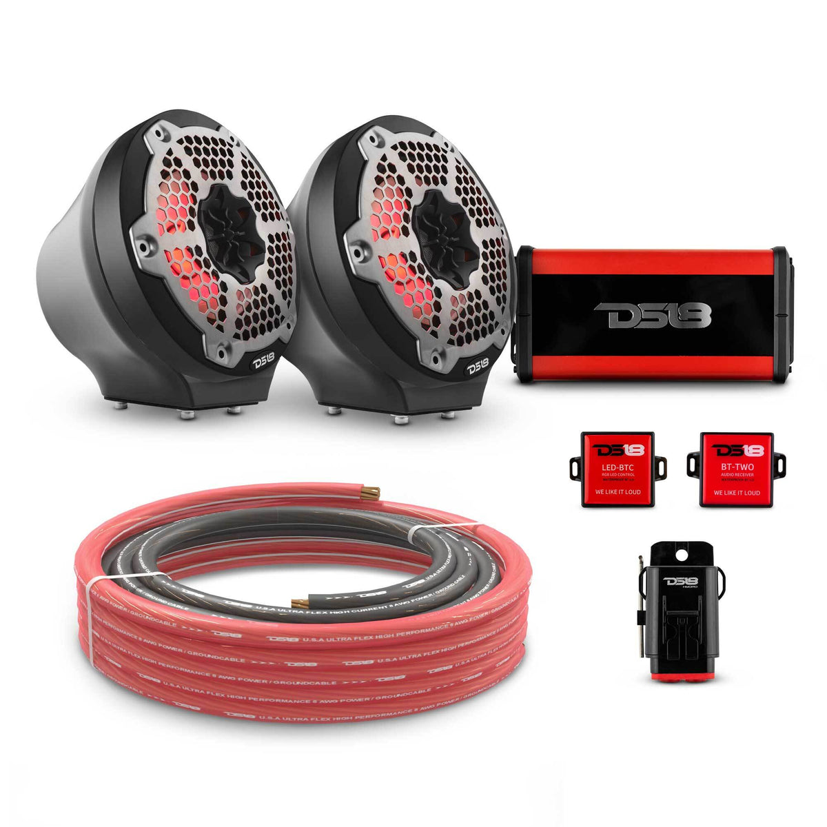 DS18 6.5" Loaded Flat Mount Speaker Pods with Amplifier, Installation Kit and RGB LED Lights, Package for Can-Am Spyder &