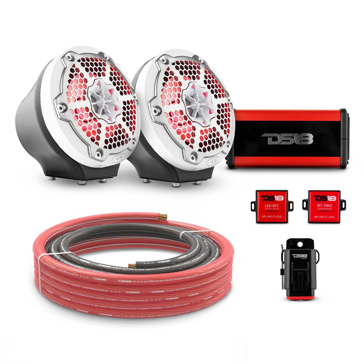 DS18 6.5" Loaded Flat Mount Speaker Pods with Amplifier, Installation Kit and RGB LED Lights, Package for Can-Am Spyder &